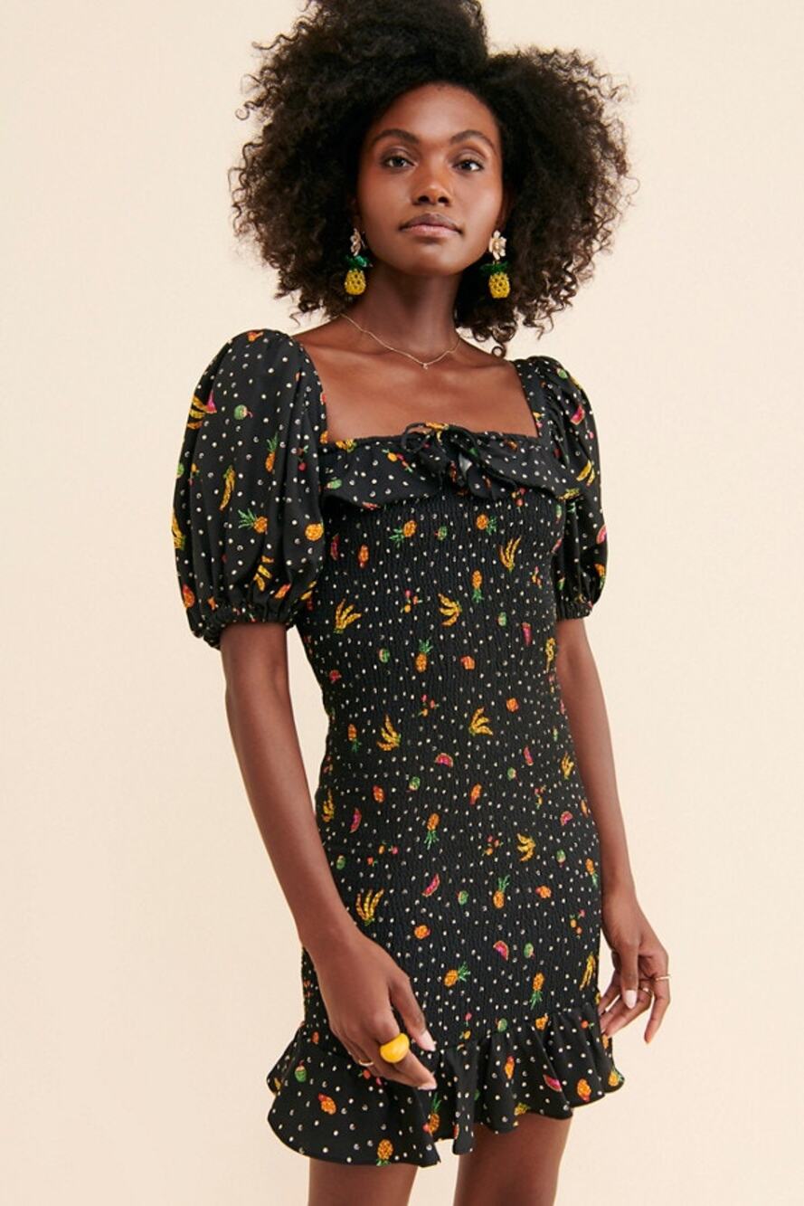 FARM Rio Tiny Fruits Tropical Print Boho Smocked Mini Dress, Size Small NWT